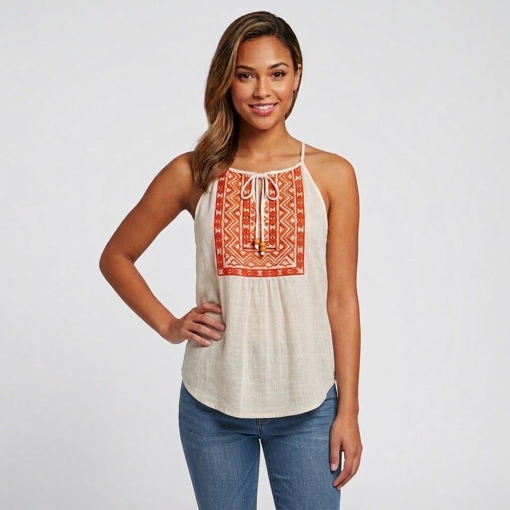 Maurices Womens m Orange White Embroidered Halter Top Geometric boho peasant New